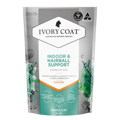 IVORY COAT ADULT CAT INDOOR & HAIRBALL INSPIRED BY RAW CHICKEN 85G