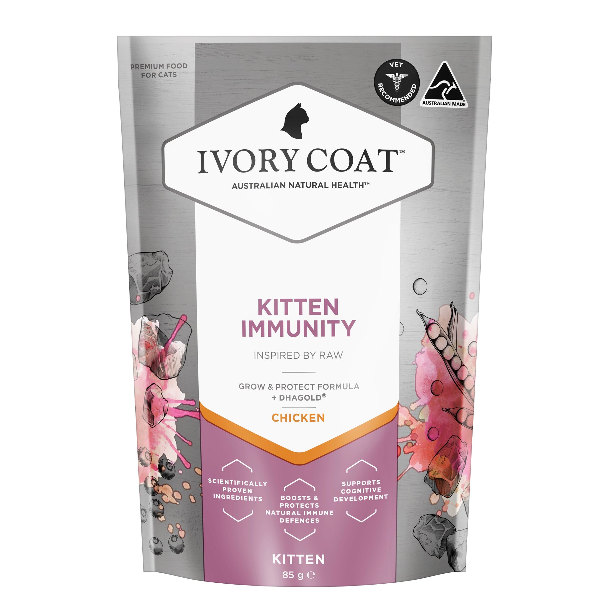 IVORY COAT RAW KITTEN IMMUNITY INSPIRED BY RAW GROW & PROTECT CHICKEN 85G