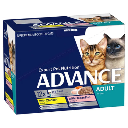 ADVANCE ADULT CAT MULTI VARIETY POUCHES JELLY WITH CHICKEN + OCEAN FISH 85Gx12