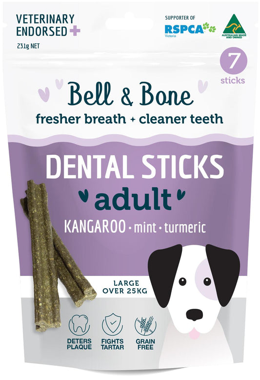 Bell & Bone Large / Medium / Small Dog Dental Sticks - Kangaroo and Turmeric