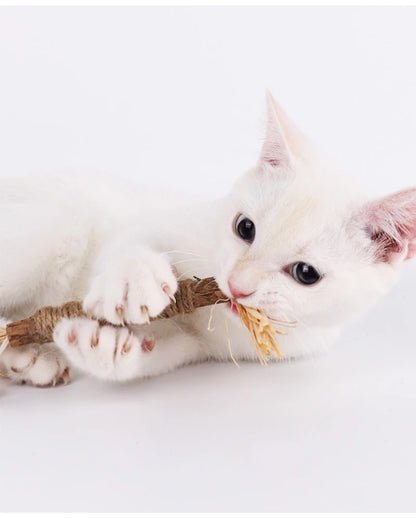 1pc Silvervine Chew Stick Cat Toy Natural Dental Cleaning Stick with Raffia Grass and Hemp Rope