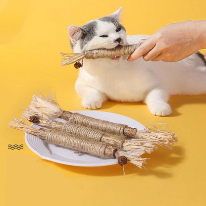 1pc Silvervine Chew Stick Cat Toy Natural Dental Cleaning Stick with Raffia Grass and Hemp Rope