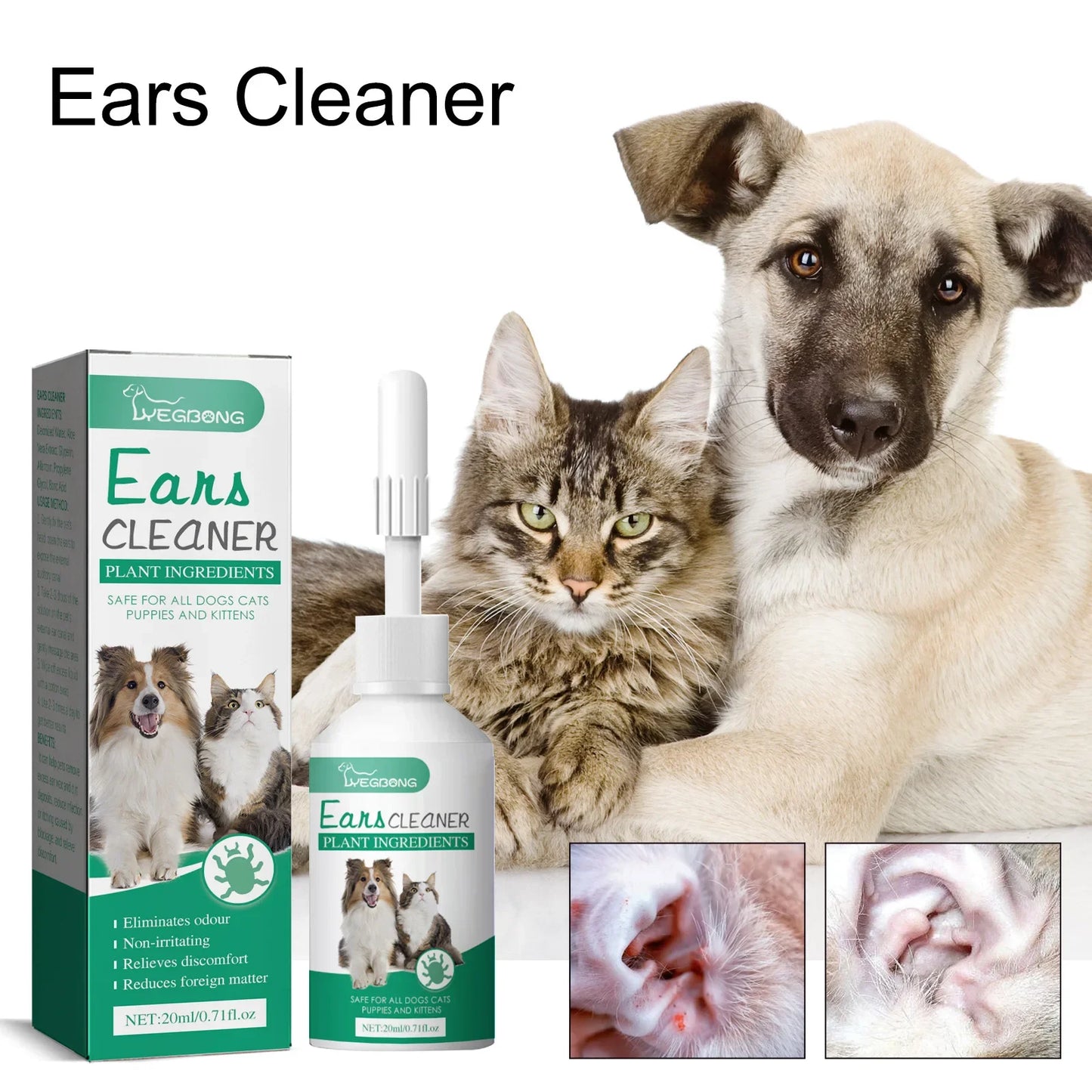 Cat Dog Ear Cleaner Pet Ear Drops Yeast Mites Infections Control Odor Removal Relieves Itching Anti Inflammatory Pet Ear Washer