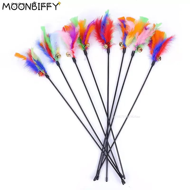 5pcs Funny Kitten Cat Teaser Interactive Toy Rod with Bell and Feather Toys For Pet Cats Stick Wire Chaser Wand Toy Random Color