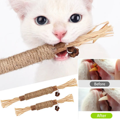 1pc Silvervine Chew Stick Cat Toy Natural Dental Cleaning Stick with Raffia Grass and Hemp Rope